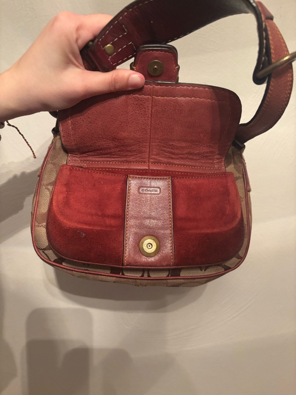 Coach Signature Canvas and Red Leather Shoulder Y2K Buckle Bag - Picture 5 of 7